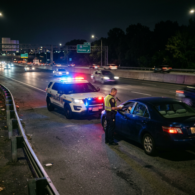 Police officer talking to driver during nighttime traffic stop on highway shoulder